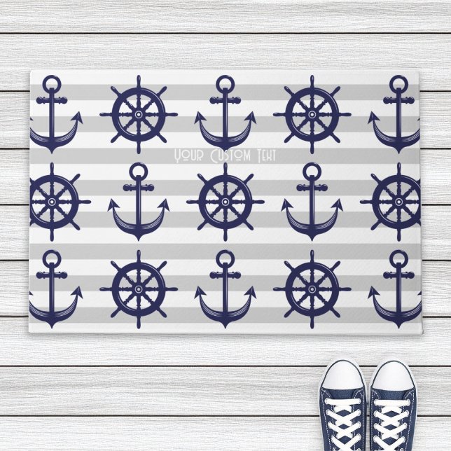 Paillasson Marine Blue Ancre Bateau Roue gris rayé Nautique (Créateur téléchargé)