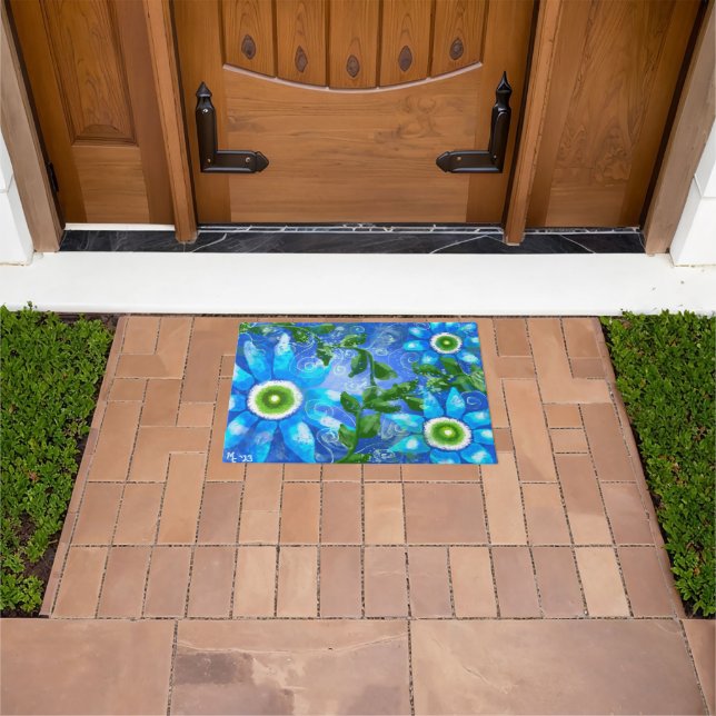Paillasson Mat de porte avec Blue Green Floral Art Abstrait (De plein air)