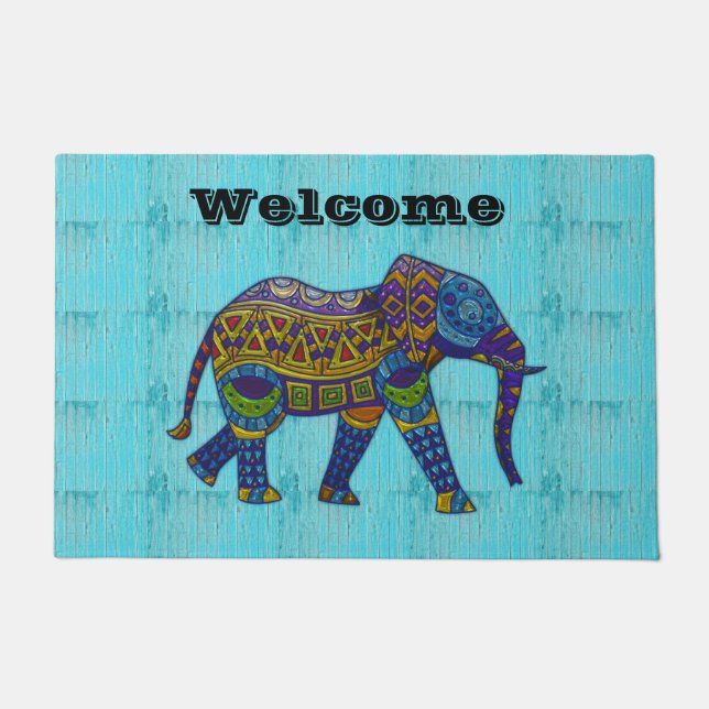 Paillasson Mat porte Eléphant en mosaïque turquoise (Devant)