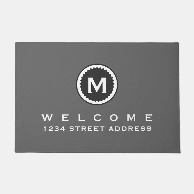 Paillasson Médaille de monogramme gris et blanc | Bienvenue (Devant)