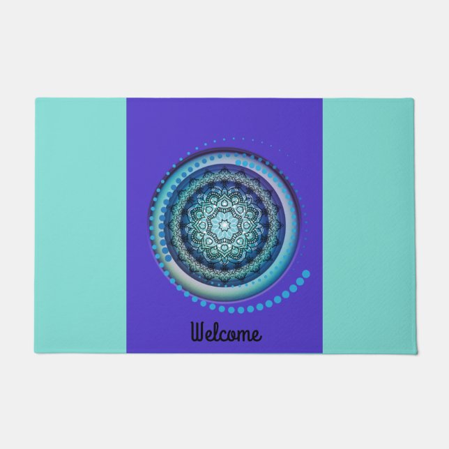 Paillasson Médallion Aqua bleu violet Bienvenue Mat (Devant)