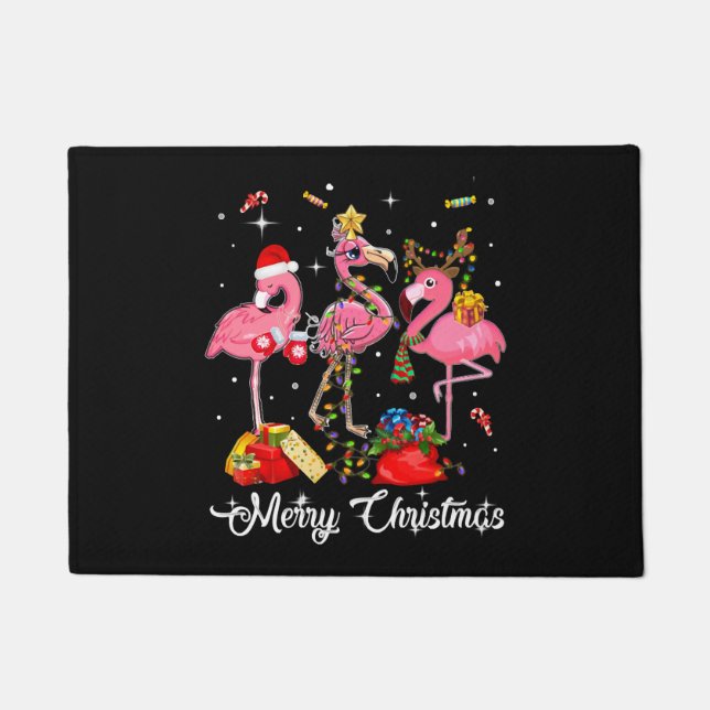 Paillasson Merry Christmas Three Flamingo With Santa Hat (Devant)