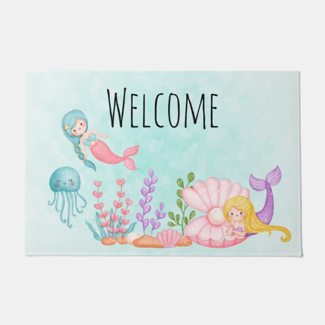 Paillasson Mignonnes sirènes sous la mer Aquarelle Bienvenue (Devant)