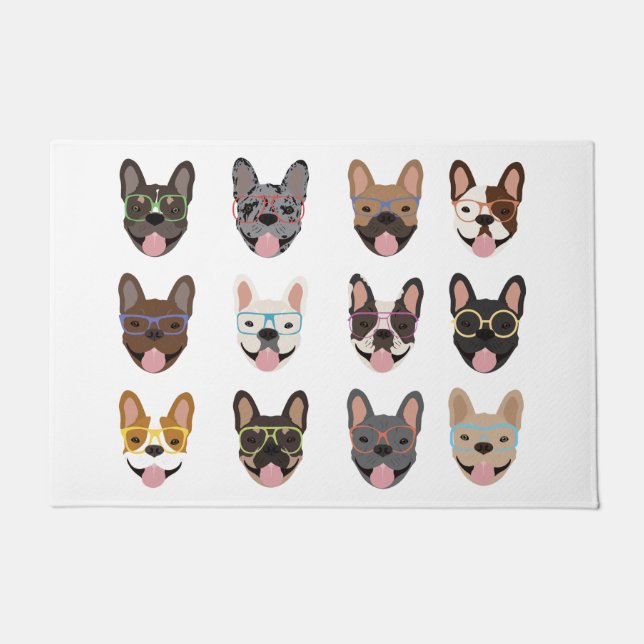 Paillasson Mignons Bulldogs français portant des lunettes (Devant)