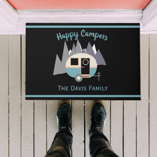 Paillasson Mini Camper Trailer bleu sur mat noir