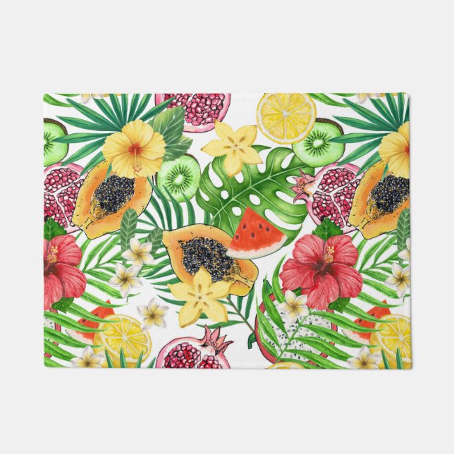 Paillasson Mix-fruit tropical, fleurs et feuilles sur blanc (Devant)