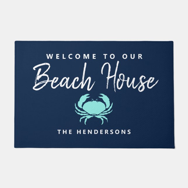 Paillasson Modern Beach House Nautique Bleu Turquoise Nom du  (Devant)