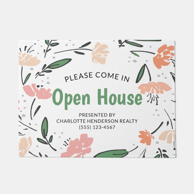 Paillasson Moderne Floral Aquarelle Immobilier Open House (Devant)