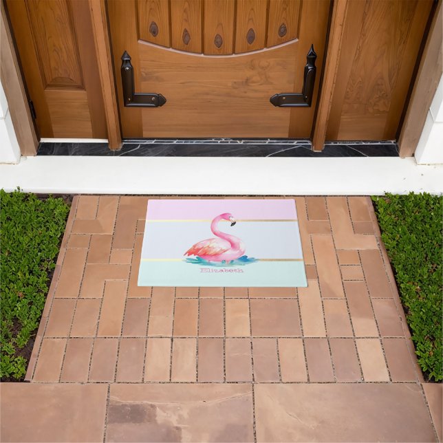 Paillasson Moderne Pastel rayé, Flamants roses roses (De plein air)