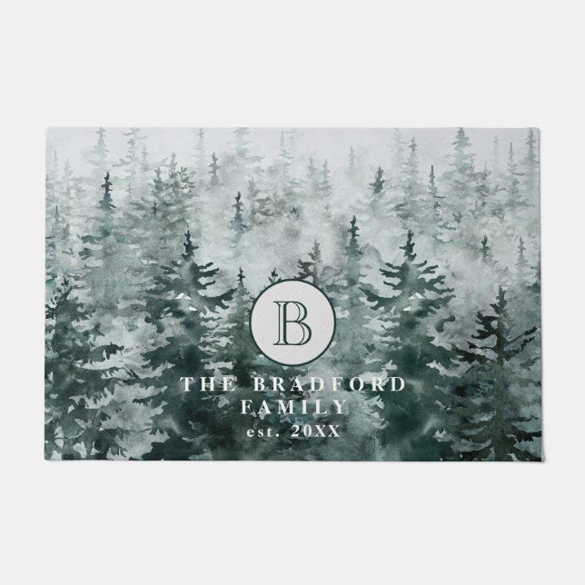 Paillasson Moderne Russe Hiver Green Forest Famille Monogramm (Devant)