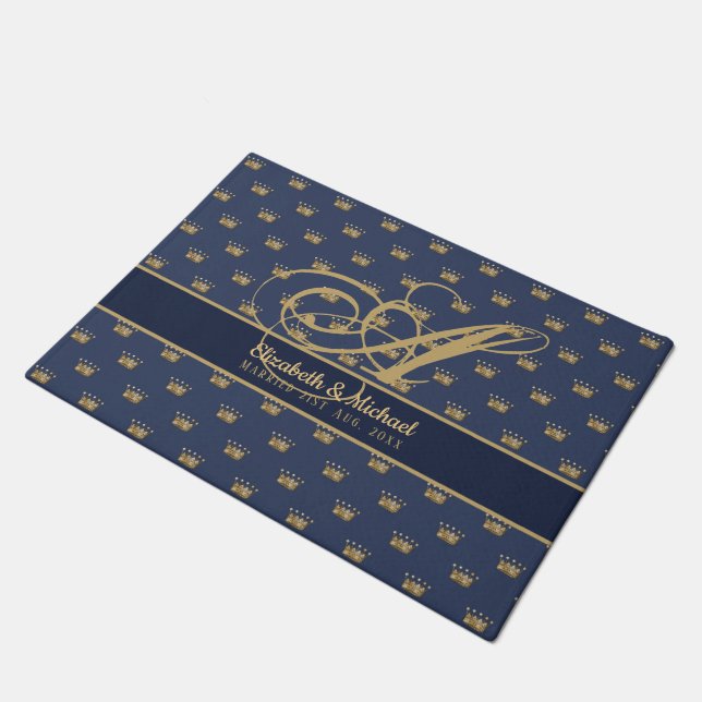 Paillasson Mongram Navy Blue Gold Crown King Queen NEWLYWEDS (Incliné)