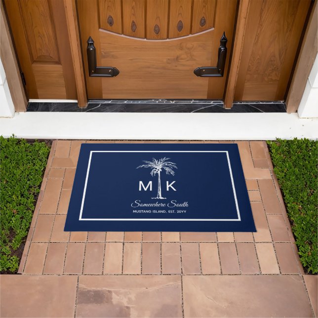 Paillasson Monogram Blue White Palm Tree Personalized (De plein air)