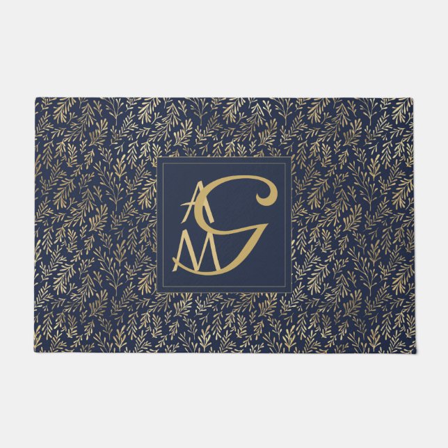 Paillasson Monogram Marine Gold Leaf Newlyweds Accueil Décor  (Devant)