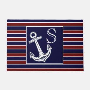 Paillasson Monogramme Ancre marine Bleu Maroon rayures