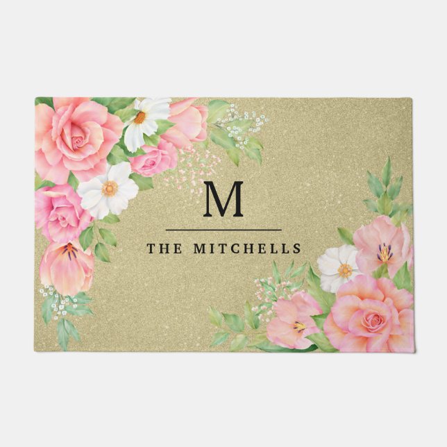 Paillasson Monogramme Aquarelle Florale Verdure Rose rose (Devant)