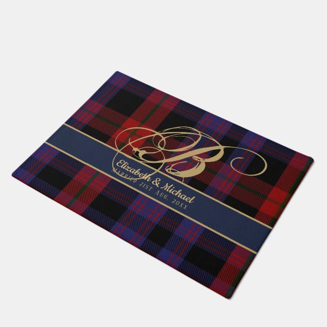 Paillasson Monogramme BROWN Tartan bleu rouge Mariage des jeu (Incliné)