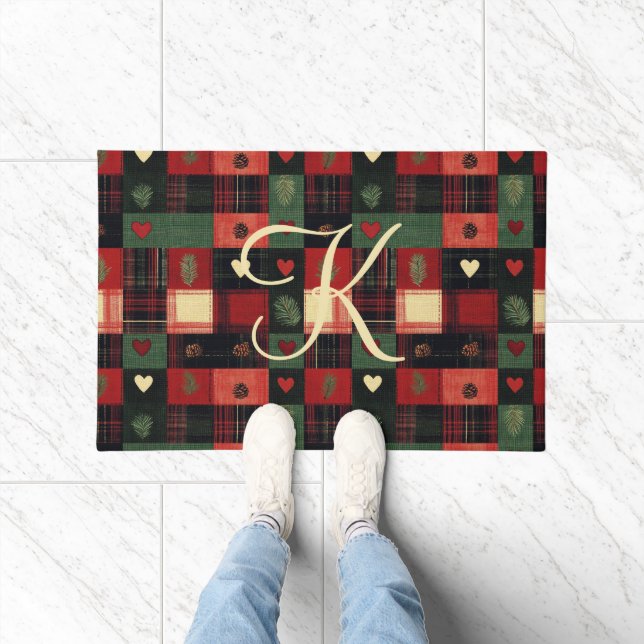 Paillasson Monogramme Campagne Rustique Rouge Vert Carreaux C (Intérieur)