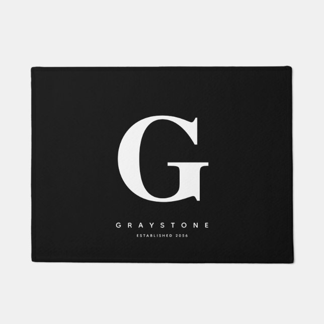 Paillasson Monogramme chic moderne Nom noir et blanc (Devant)