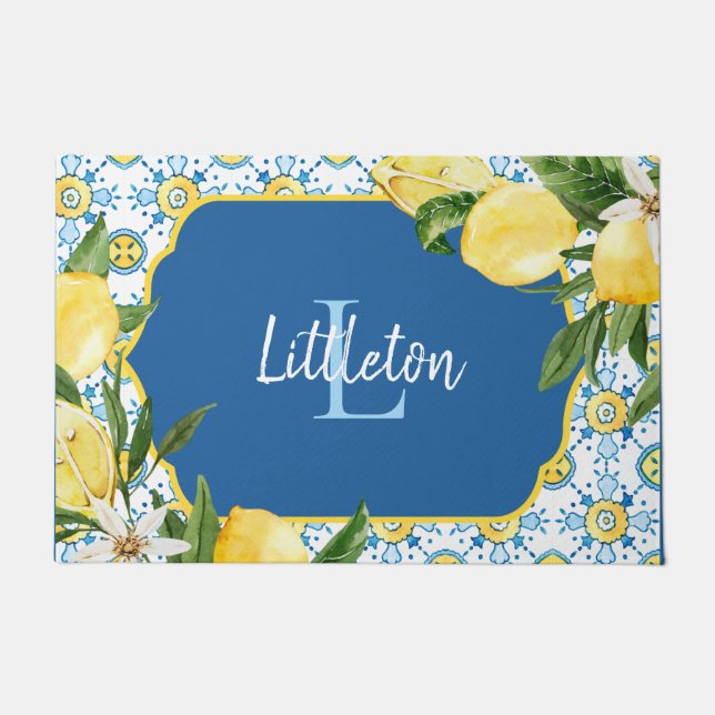 Paillasson Monogramme Citron bleu méditerranéen Personnalisé  (Devant)