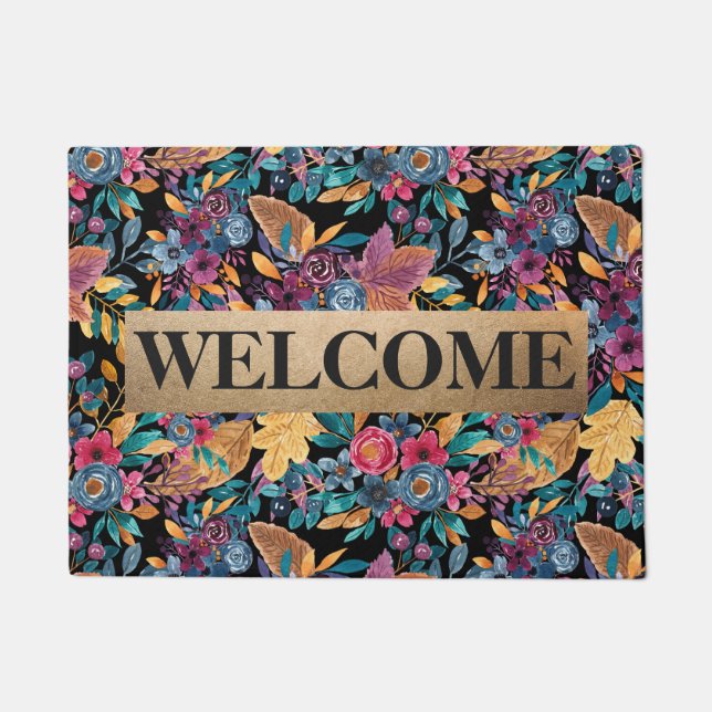 Paillasson Monogramme d'aquarelle à Feuilles de baies mixtes (Devant)