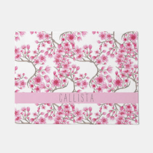 Paillasson Monogramme d'aquarelle florale de fleurs de cerisi
