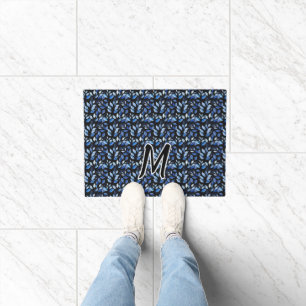 Paillasson Monogramme d'art fin en mosaïque de feuilles bleue