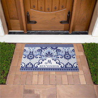 Paillasson Monogramme de carreaux mexicains bleu et blanc | B
