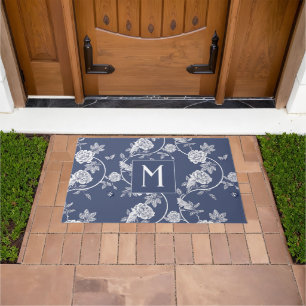 Paillasson Monogramme de fleurs de la Chinoiserie bleue
