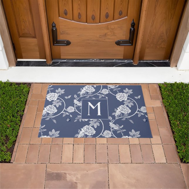 Paillasson Monogramme de fleurs de la Chinoiserie bleue (De plein air)