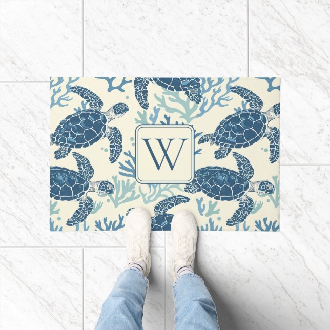 Paillasson Monogramme de tortues marines bleues et crémeuses (Intérieur)