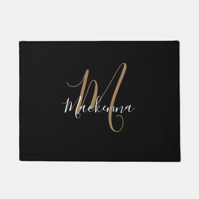 Paillasson Monogramme d'or noir moderne Chic Girl Nom de scri (Devant)