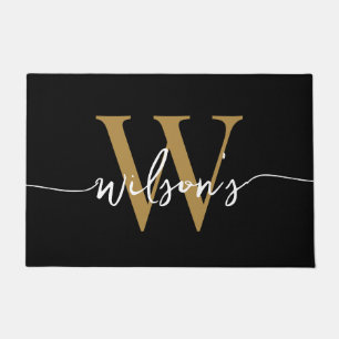 Paillasson Monogramme d'or noir moderne Nom de famille Script