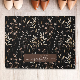 Paillasson Monogramme Fleurs Feuilles Brun Clair Aquarelle