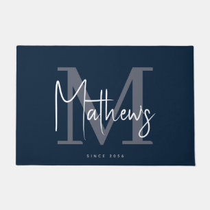 Paillasson Monogramme gris bleu marine Nom de famille