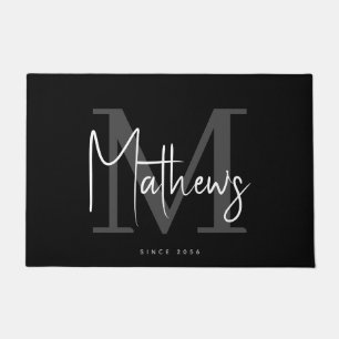 Paillasson Monogramme gris de charbon noir moderne Nom de fam