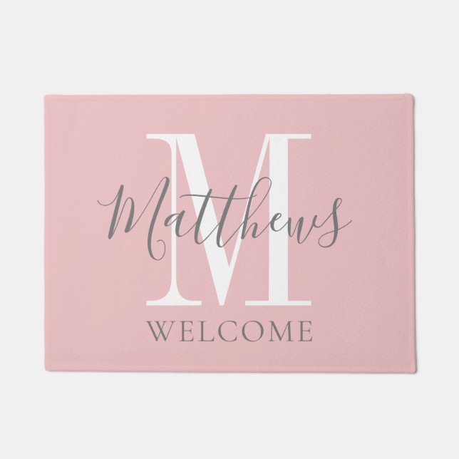 Paillasson Monogramme gris rose vif moderne Mariage nouveau m (Devant)