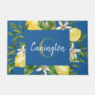 Paillasson Monogramme méditerranéen bleu et citron Nom Bienve