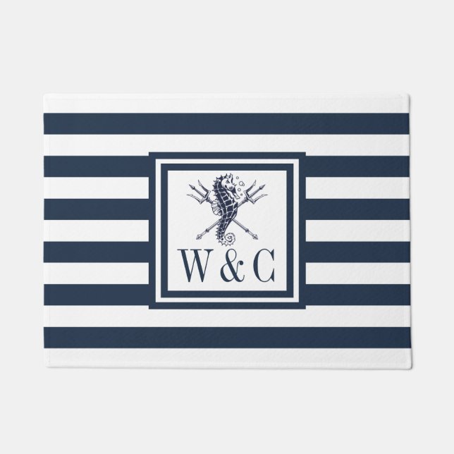 Paillasson Monogramme nautique Marine Bleu Bande (Devant)