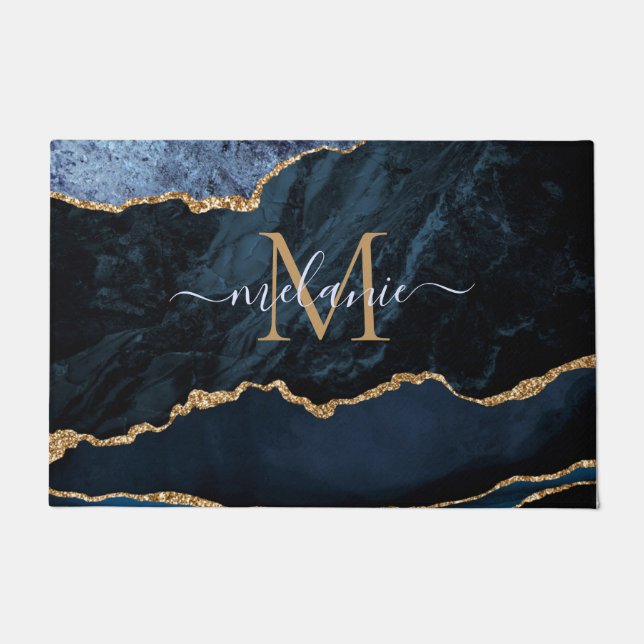 Paillasson Monogramme Nom Agate Marine Bleu Or Marbre Porte (Devant)