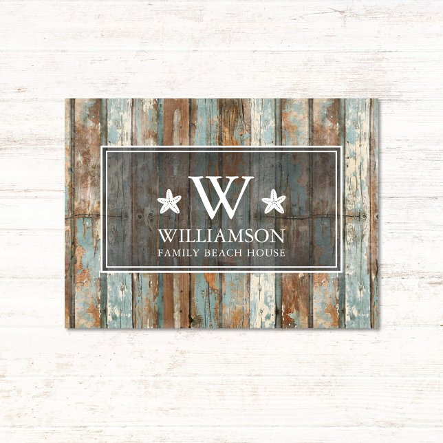 Paillasson Monogramme Nom de famille Russe Boho Wood Beach Ho (Créateur téléchargé)