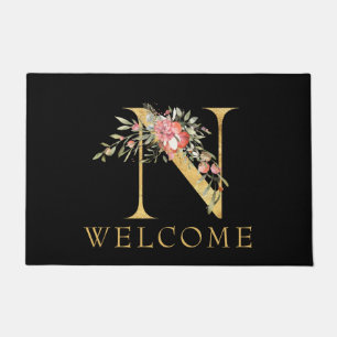 Paillasson Monogramme Or Classé N avec mat rose Floral