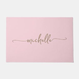 Paillasson Monogramme Or moderne Nom Script Blush Rose