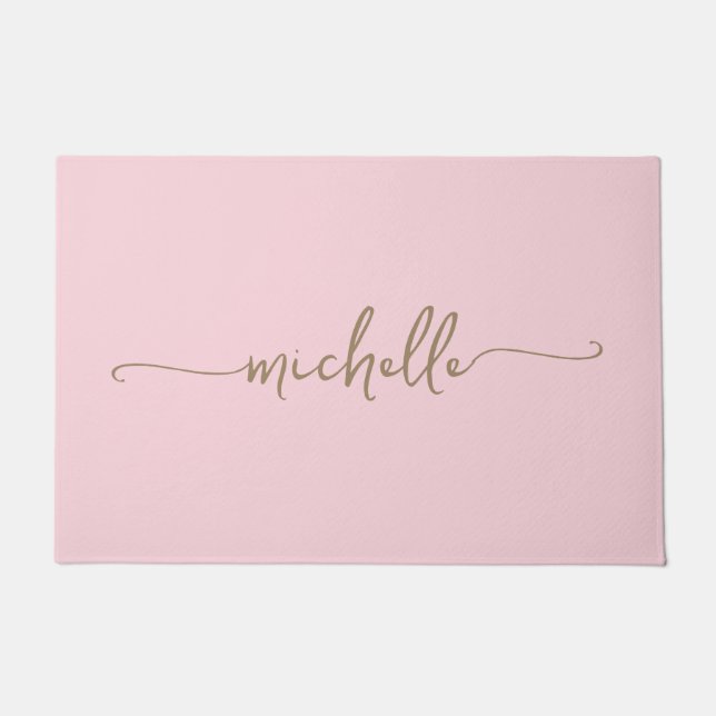 Paillasson Monogramme Or moderne Nom Script Blush Rose (Devant)