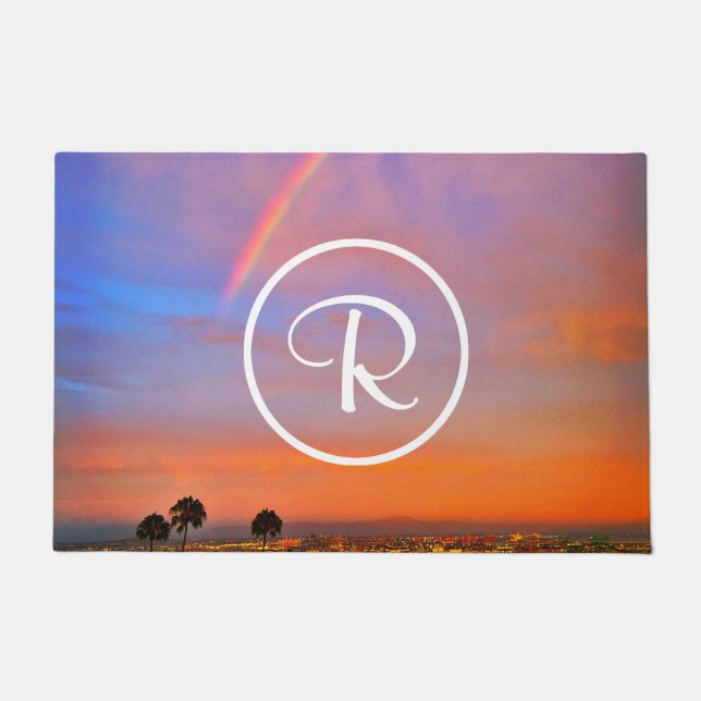 Paillasson Monogramme Orange Bleu Coucher de soleil Rainbow P (Devant)