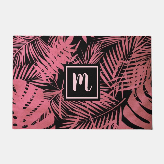 Paillasson monogramme rose rose feuille de palme tropicale mo (Devant)