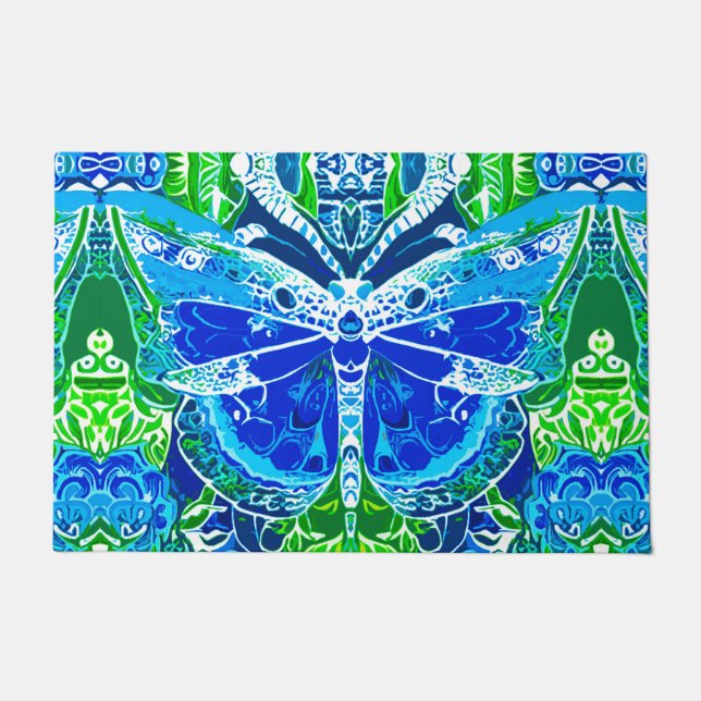 Paillasson Motif Batik de papillon et de médaillon en bleu (Devant)