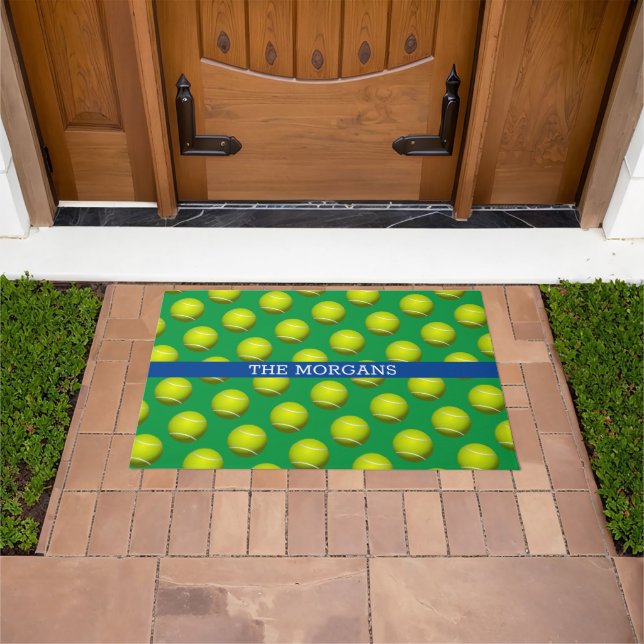 Paillasson Motif de balle de tennis, Nom blanc, Bleu & Vert (De plein air)