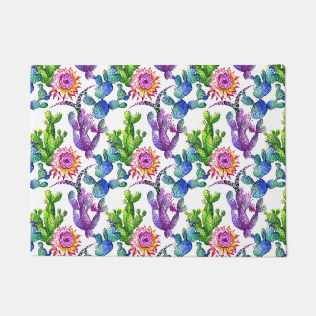 Paillasson Motif de cactus de fleur sauvage d'aquarelle (Devant)