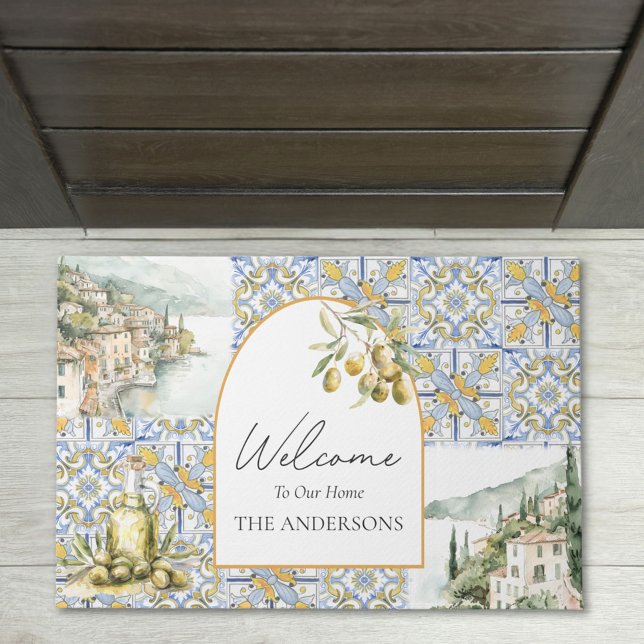 Paillasson Motif de carreaux bleu jaune Olive Méditerranée (In situ)
