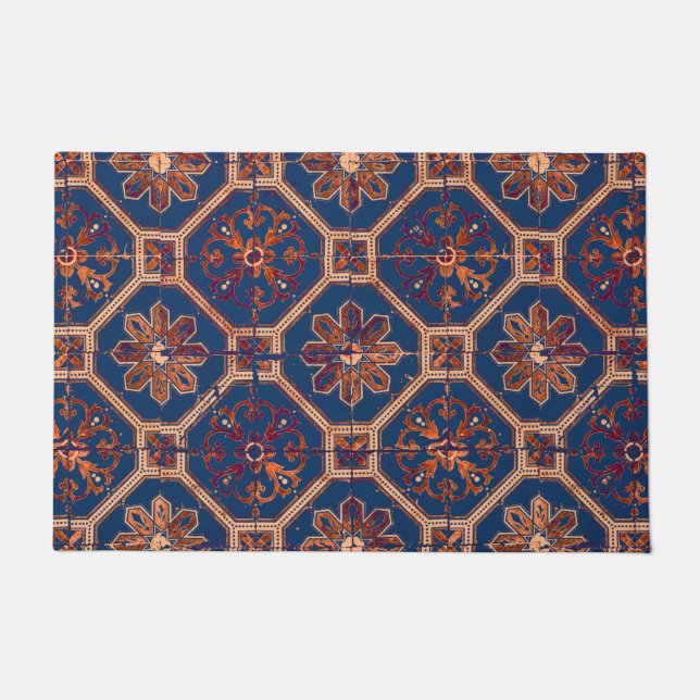 Paillasson Motif de Carrelage ethnique de luxe | Bleu et oran (Devant)